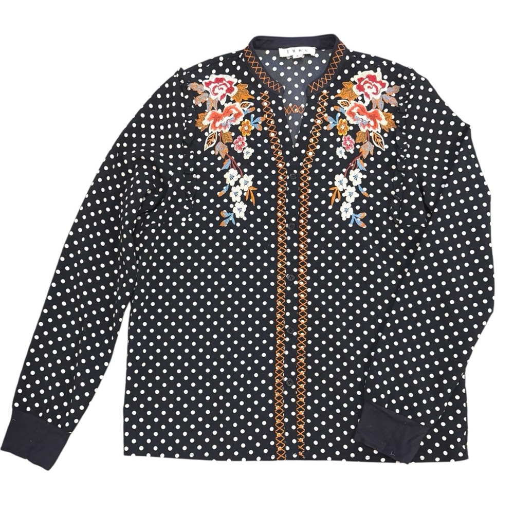 THML Black Polka Dot Blouse with Multicolor Floral Embroidery